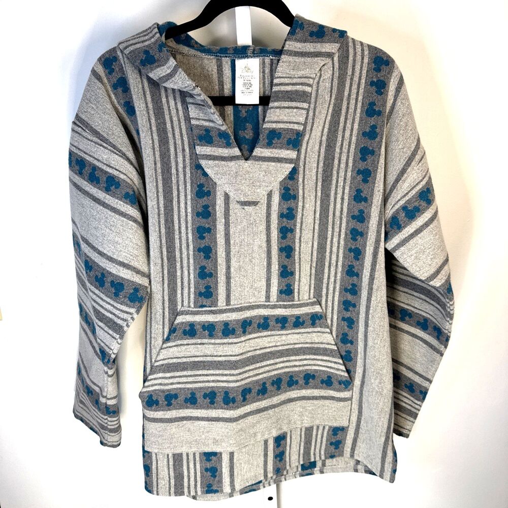 Disney Mickey Mouse Baja Hoodie Small Gray Teal Pullover Y2K Style Heavyweight